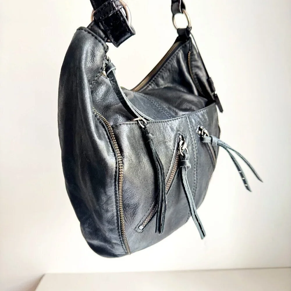 The Sak Black leather Zipper pocket Detail Oval Shoulder Bag